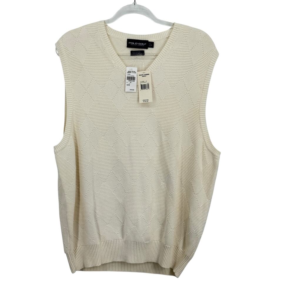 Ralph Lauren Polo Golf Sweater Vest Cashmere VTG L Men's Cream Diamond Knit NEW